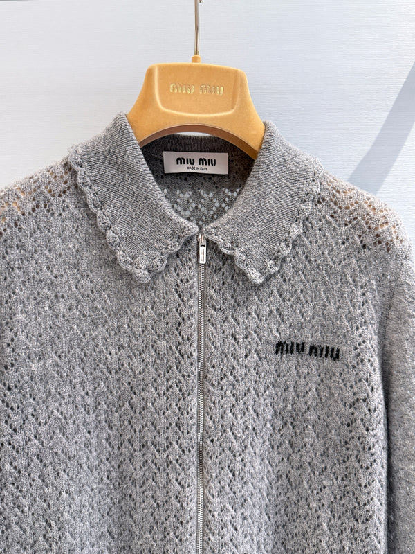 Miu Pointelle Zip Cardigan Grey Cashmere And Silk