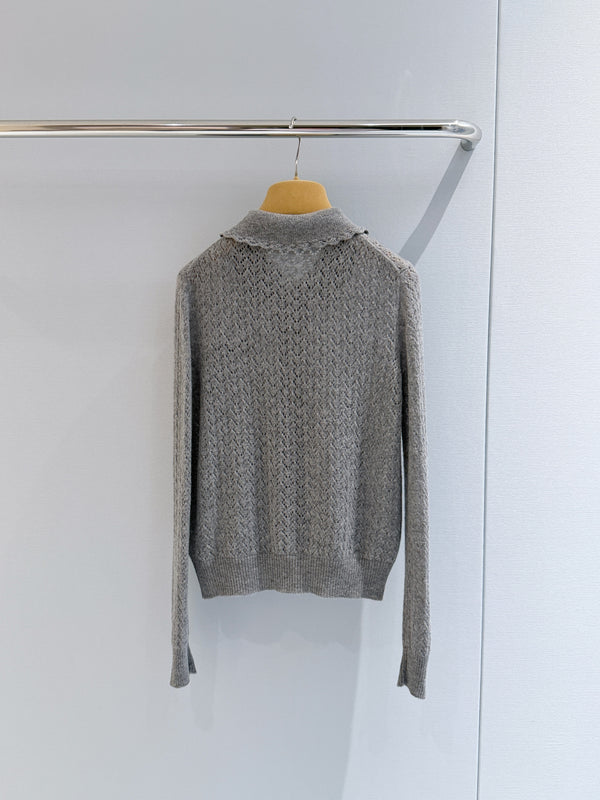 Miu Pointelle Zip Cardigan Grey Cashmere And Silk