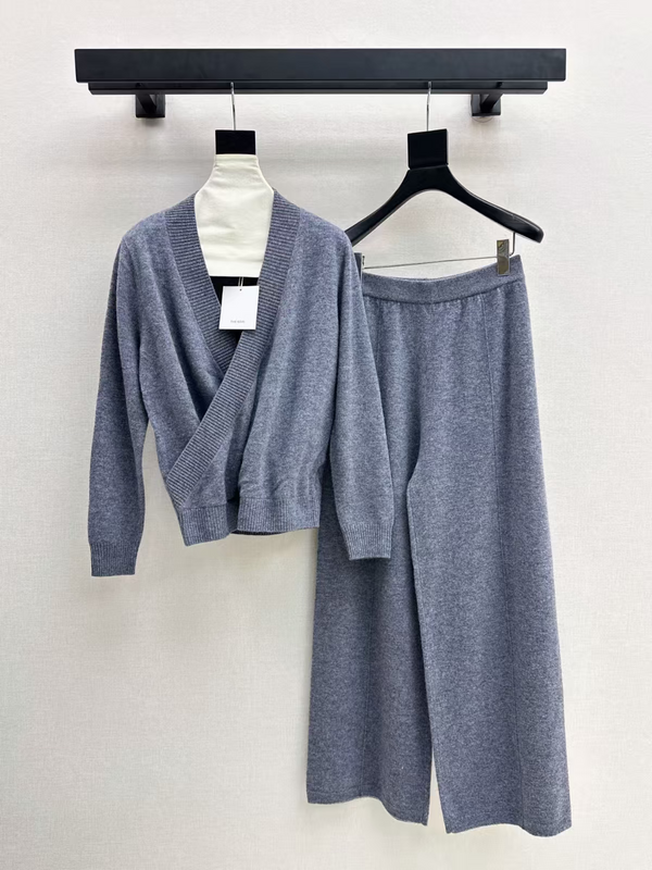TR Knit Wrap Cardigan & Wide-Leg Pants Set Slate Gray Wool