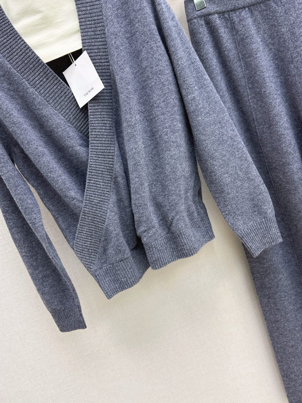 TR Knit Wrap Cardigan & Wide-Leg Pants Set Slate Gray Wool