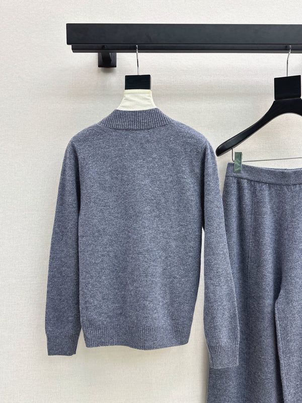 TR Knit Wrap Cardigan & Wide-Leg Pants Set Slate Gray Wool