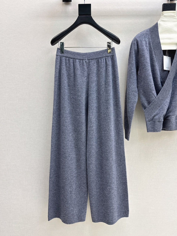 TR Knit Wrap Cardigan & Wide-Leg Pants Set Slate Gray Wool