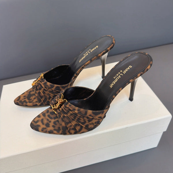 YSL Babylone Mules 8cm in Brown Leopard Grosgrain Fabric