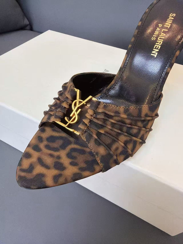 YSL Babylone Mules 8cm in Brown Leopard Grosgrain Fabric