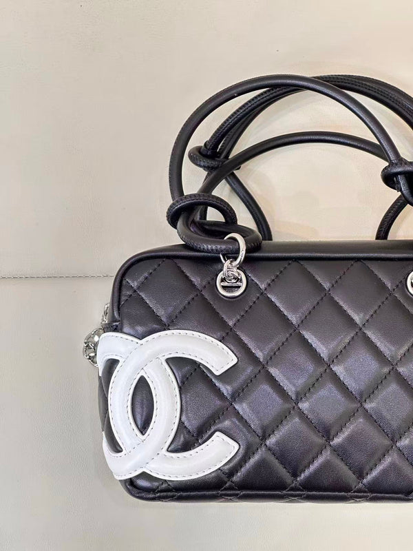 CC Cambon Mini 21cm Black White Logo Lambskin