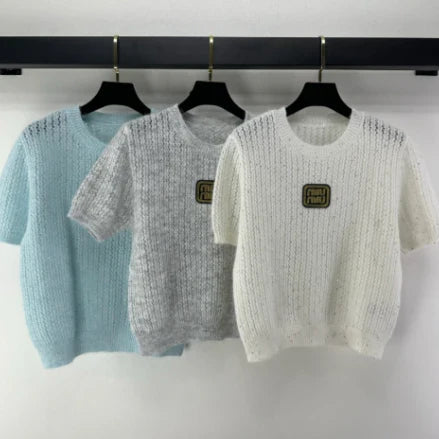 Miumiu 2026 Sequined Knit Short-sleeved Top Wool Polyester 362383