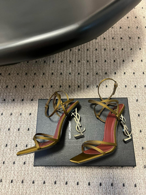 YSL Opyum Sandals Olive Green Fabric Leather