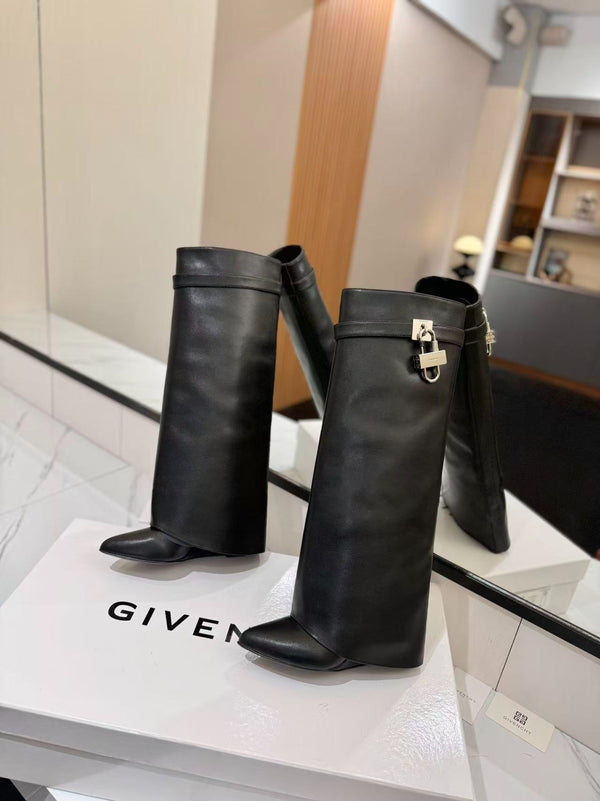 Givenchy Shark-Lock Knee-High Boots Black Cowhide Sliver HW