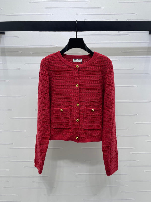 Miu Waffle-Knit Cardigan Gold Buttons Beige Wool 415898