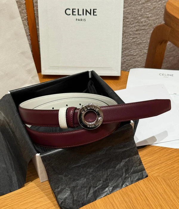 CL 2026 Disc Buckle & Reversible Strap Belt 2.5cm Burgundy Leather