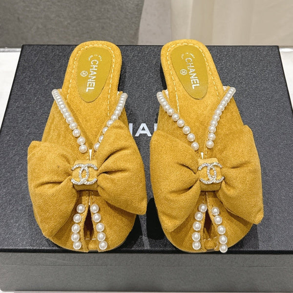 Chanel 2026 Pearl Bow Flat Slipper Suede Sheepskin 713038
