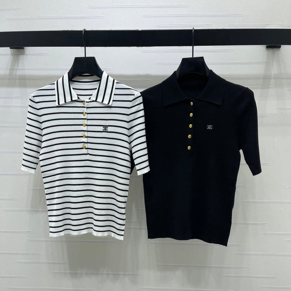 CL Striped Knit Collared Short-Sleeve Shirt in Tencel
