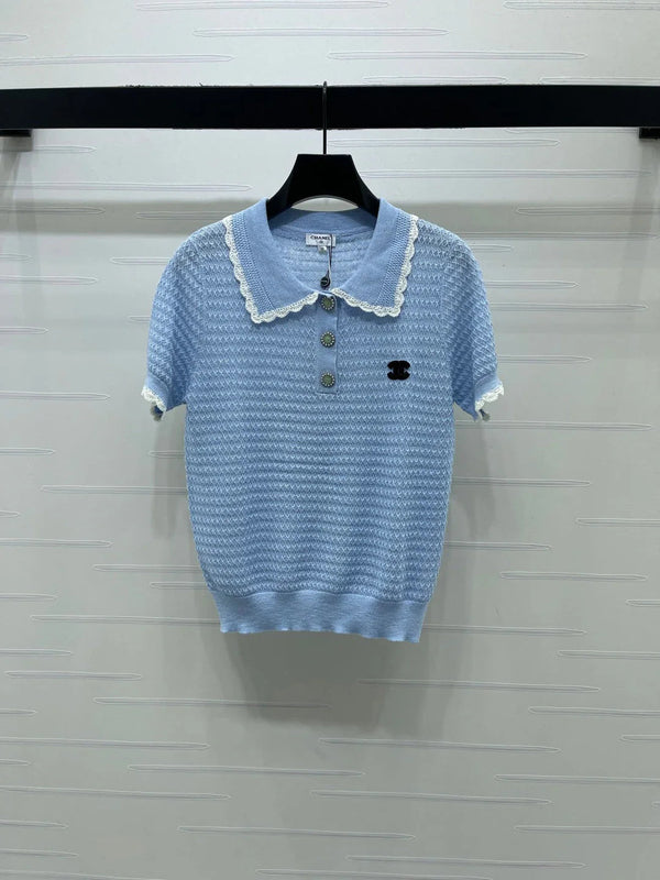 CC 2026 Lace-trimmed Polo Collar Knit Short-sleeved Top Cotton 390780
