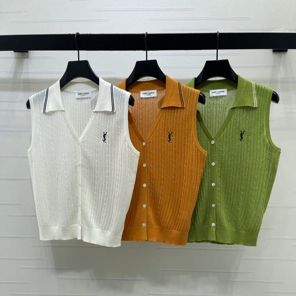 YSL Collared Knit Vest Spun Silk Linen 397453