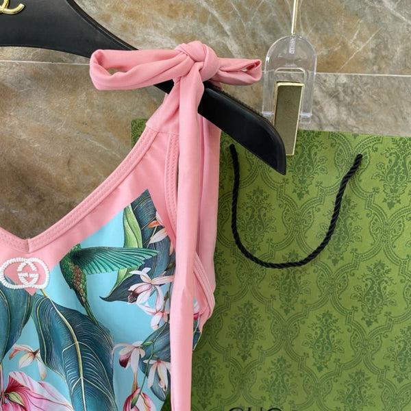 GG Tropical Floral Print One-Piece Swimsuit Green Pink 330760