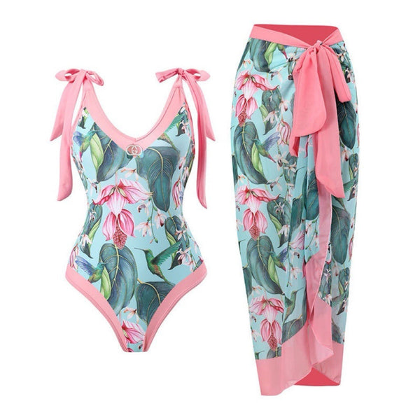 GG Tropical Floral Print One-Piece Swimsuit Green Pink 330760