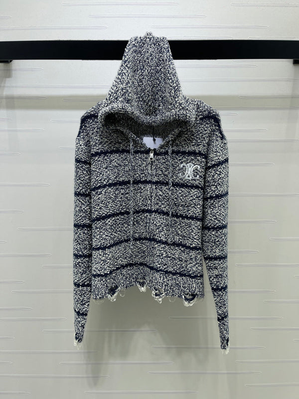 CE 26S Striped Zip-Up Hoodie C Monogram Logo Knit Wool 430309