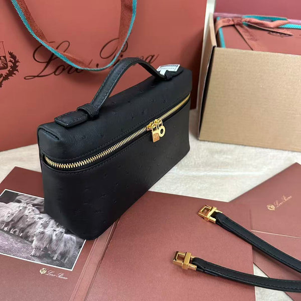 EXTRA POCKET L19 IN BLACK OSTRICH WITH GOLD HARDWARE