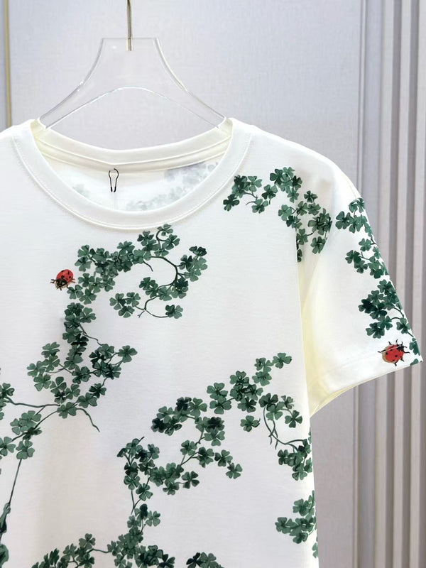 CD Fitted T-Shirt White Cotton Jersey with Green Toile de Jouy Clover Motif