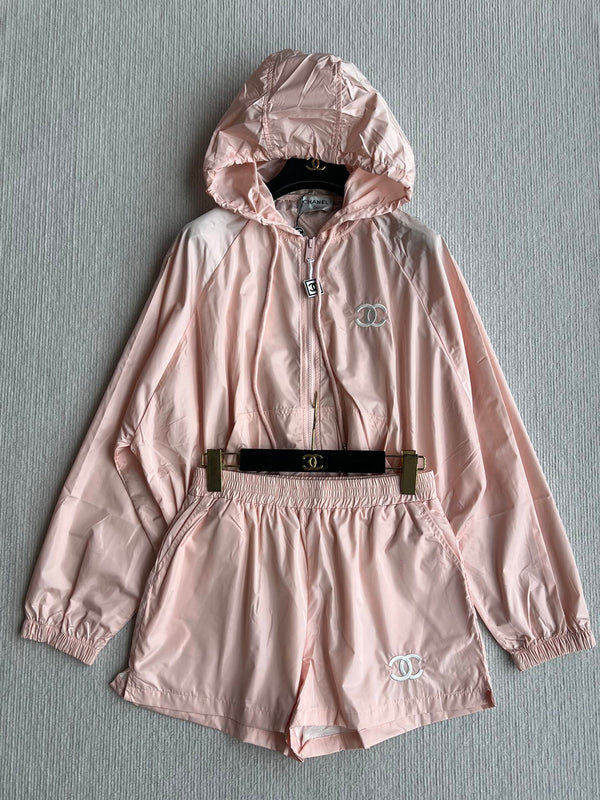 Chanel 26 Vintage Sunscreen Jacket and Short Set Pink in Cotton