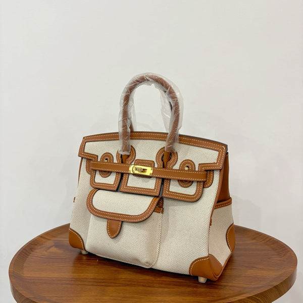HM Birkin Cargo 25CM Handbag Ivory Brown Swift Canvas