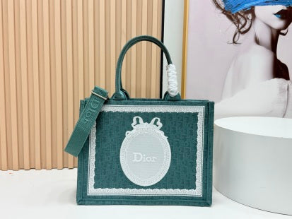 CD Dioramour Book Tote Teal Green Dior Oblique Embroidery with White Lace