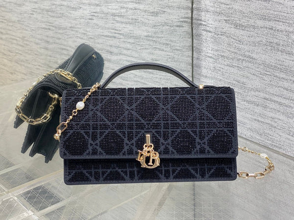 CD 2026 Microbead-Embroidered Bag 21cm Cotton Leather 355271