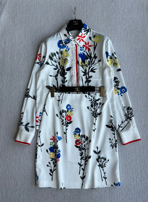 Chanel 26 Printed Shirt and Skirt White in Polyester