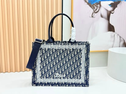 CD Book Tote Blue Dior Oblique Embroidery and White Lace