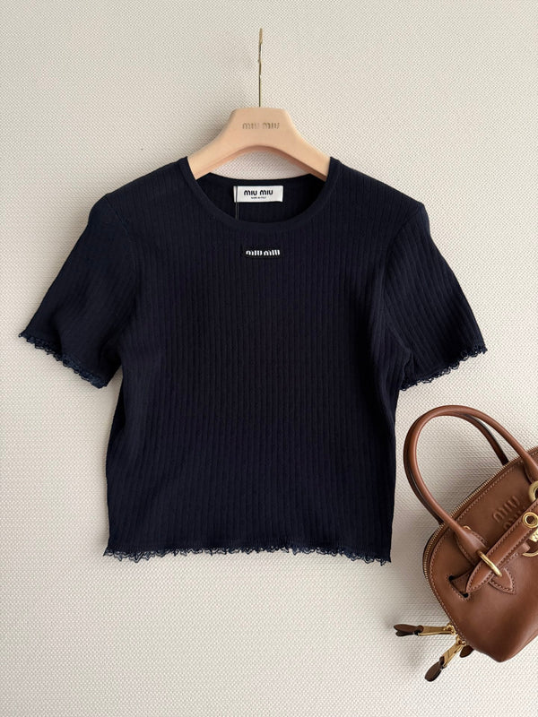 Miu Miu 26SS Lace-Trimmed Round Neck Short-Sleeve Top in Cotton