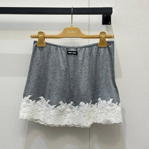 Miu Miu Grey Lace-Trimmed Midi Skirt in Mulberry Silk Cotton YB 195604
