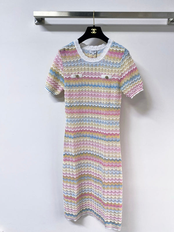 Chanel Three-Color Short-Sleeve Dress in Tencel