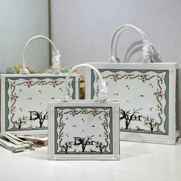 Dior 2026 Book Tote Bag With Multicolored White Revolution Flowers Embroidery Canvas
