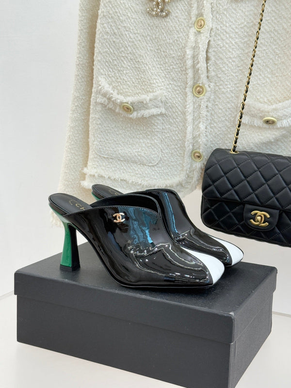 CC 26P Double C Color-Block Square-Toe Mule Slippers Patent Calfskin 841995