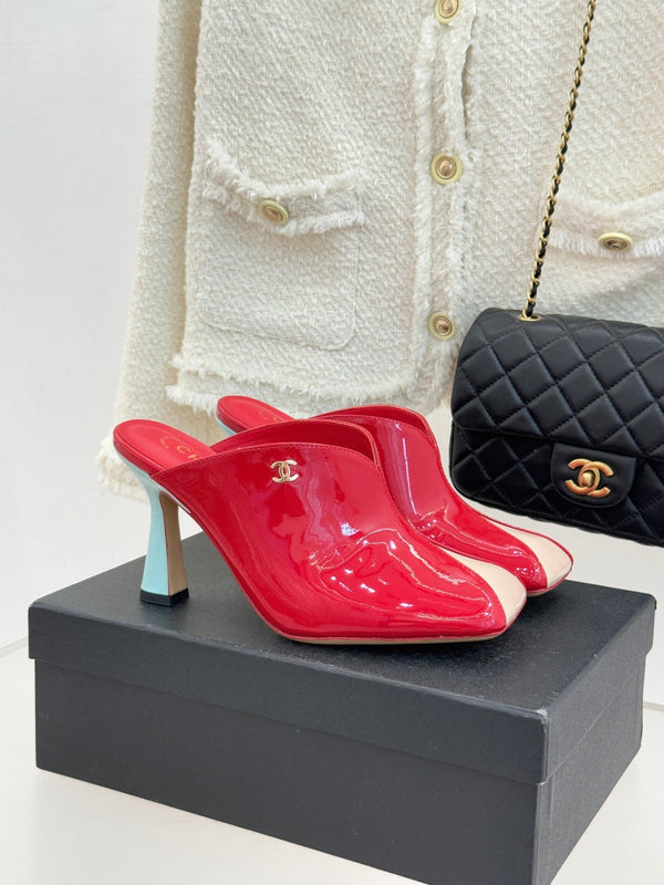 CC 26P Double C Color-Block Square-Toe Mule Slippers Patent Calfskin 841995