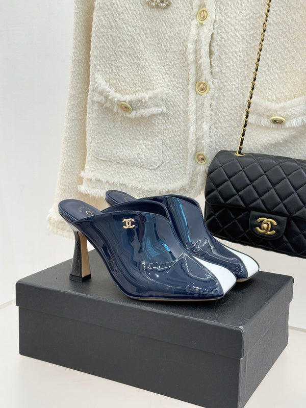 CC 26P Double C Color-Block Square-Toe Mule Slippers Patent Calfskin 841995