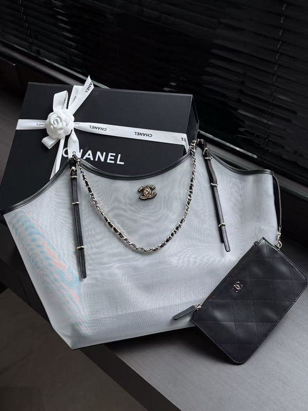 CC 26C Coco Beach Shopping Bag Transparent Mesh & Black Calfskin