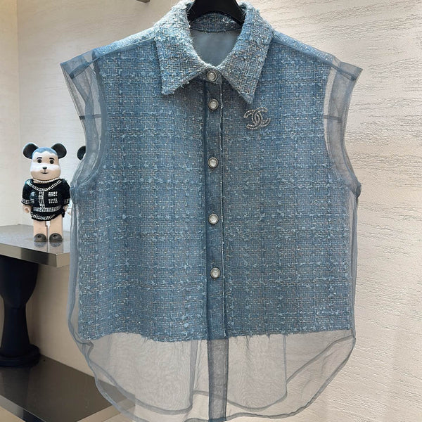 CC Collared Vest Jacket Dusty Blue Tweed Sheer 415624