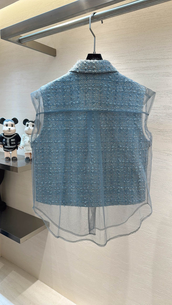 CC Collared Vest Jacket Dusty Blue Tweed Sheer 415624