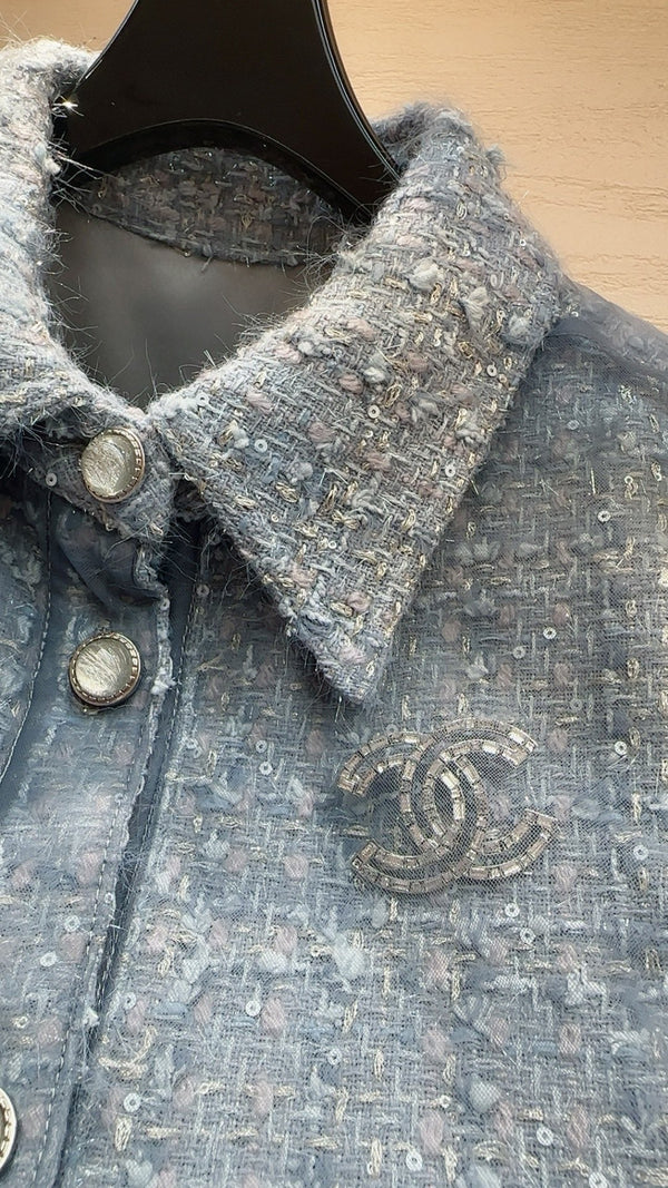 CC Collared Vest Jacket Dusty Blue Tweed Sheer 415624