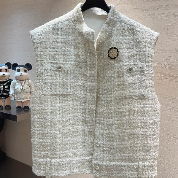 CC Stand-Collar Vest Jacket Cream White Tweed 415627