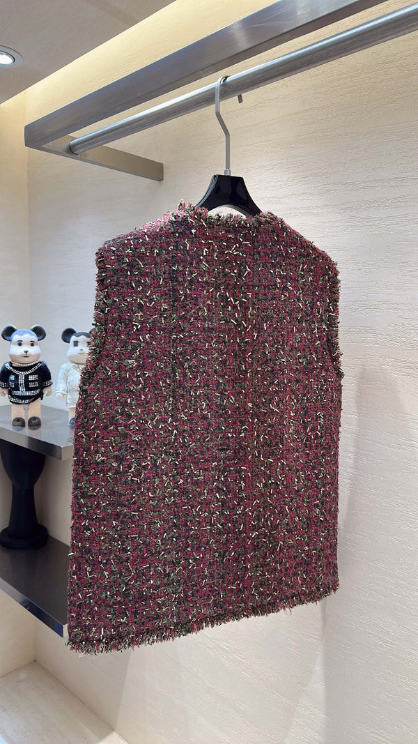 CC Vest Jacket Fringe Trim Berry Multicolor Tweed 415630