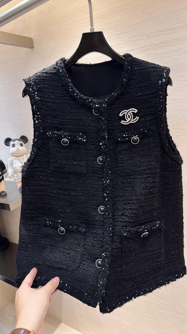 CC Sleeveless Vest Jacket Silver Sparkle Black Tweed 415638