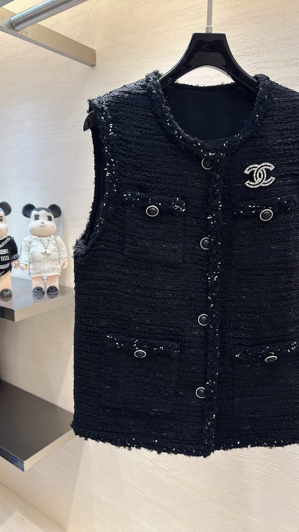 CC Sleeveless Vest Jacket Silver Sparkle Black Tweed 415638