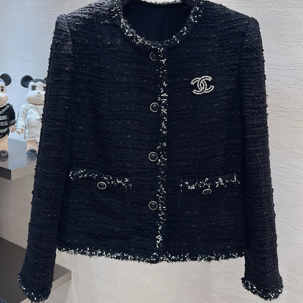 CC Cropped Jacket Silver Trim Black Tweed 415640