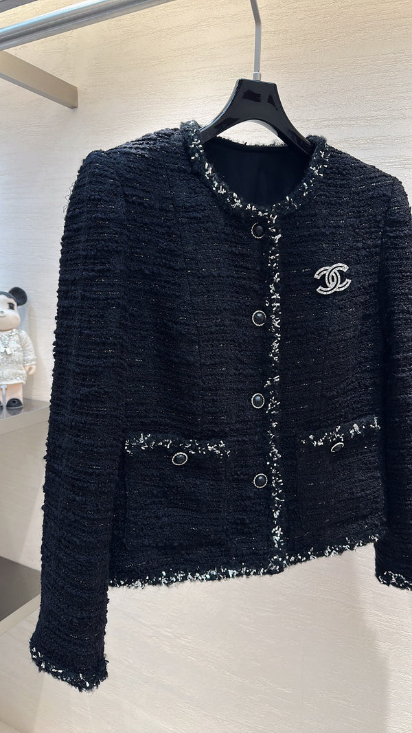 CC Cropped Jacket Silver Trim Black Tweed 415640