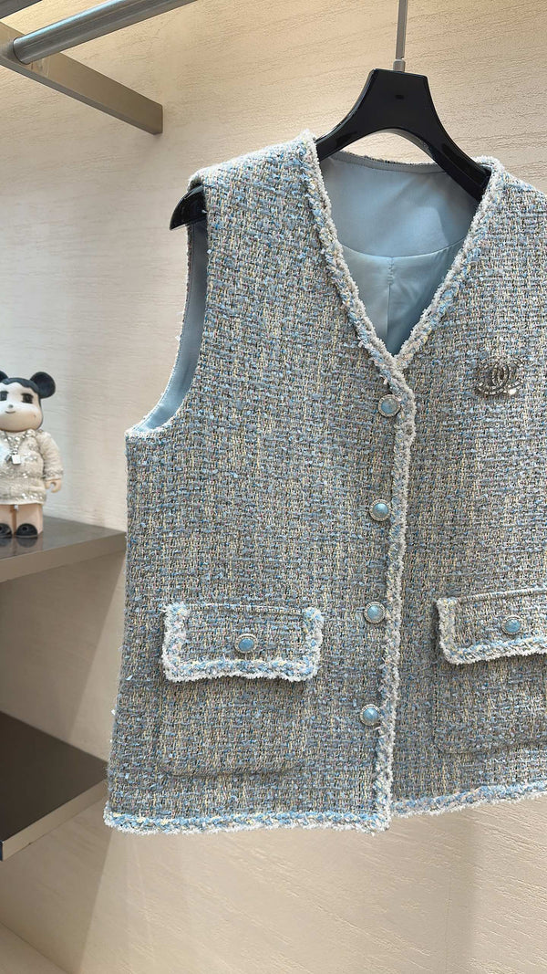 CC V-Neck Vest Jacket Morandi Blue Multicolor Tweed 415643