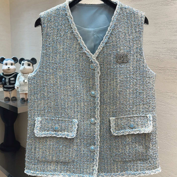 CC V-Neck Vest Jacket Morandi Blue Multicolor Tweed 415643