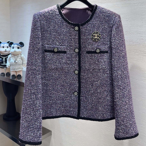 CC Round-Neck Jacket Black Trim Brooch Purple Tweed 415614
