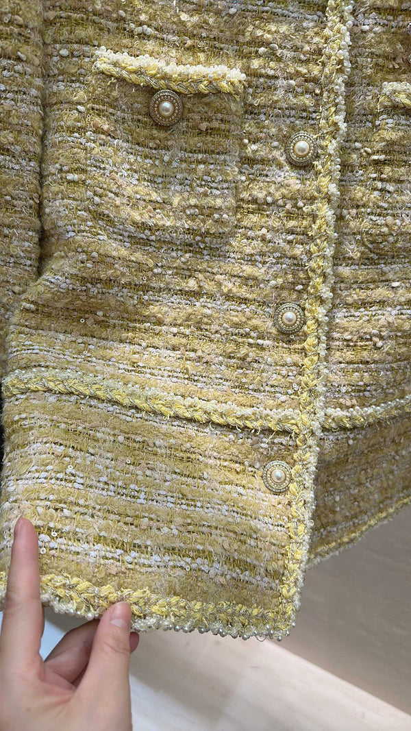 CC Round-Neck Jacket Pearl Buttons Yellow Tweed 415582